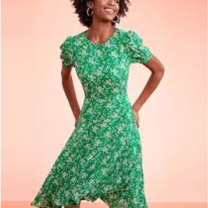 Loft Buttercup Puff Sleeve Flounce Dress sz 6 Floral Midi green romantic